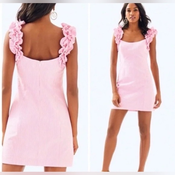 Lilly Pulitzer Devina Stretch Dress Pink Cosmo Seersucker Striped Size 10 - Picture 1 of 5